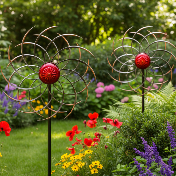 Decorative metal windmill with a red center on a white background
