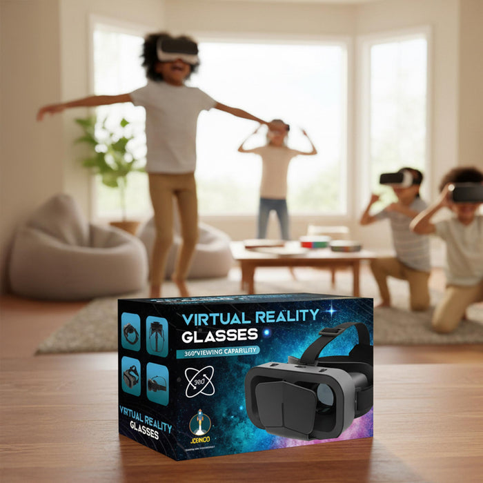 A boxed pair of virtual reality glasses sits on a wooden table in the foreground, with a blurred living-room scene behind it showing children wearing the VR glasses and playing.