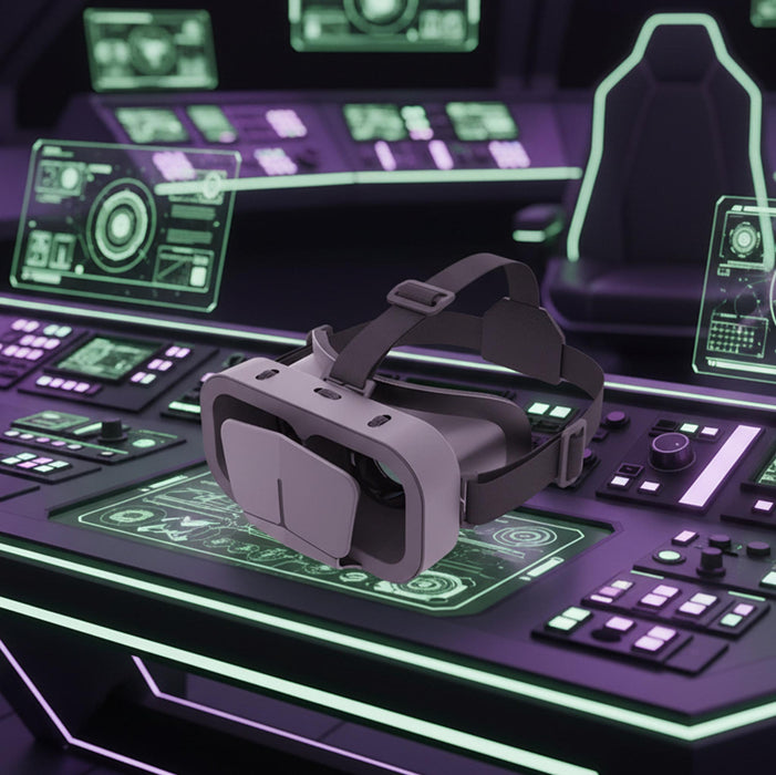 A gray and black virtual reality headset with a padded head strap, resting on a futuristic dark control console with glowing green and purple interface displays.