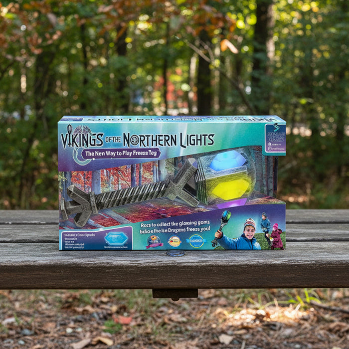 Box of 'Vikings of the Northern Lights' game with toy sword and glowing ball on a white background