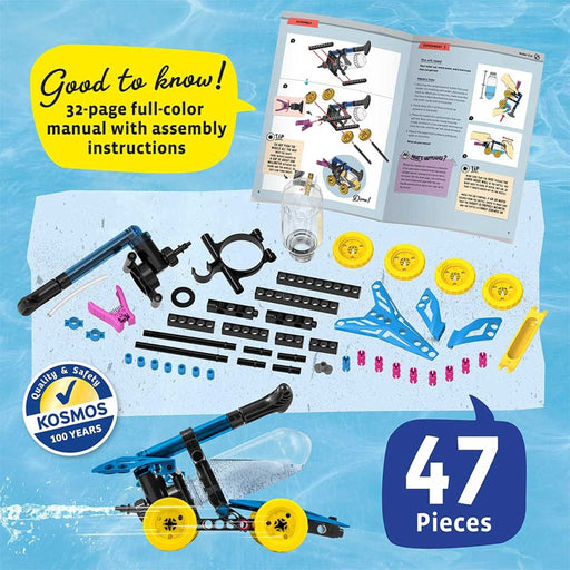Kosmos toy set with assembly instructions and parts on a blue background