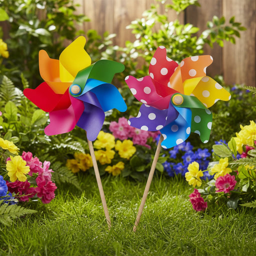 Two colorful pinwheels on sticks against a white background