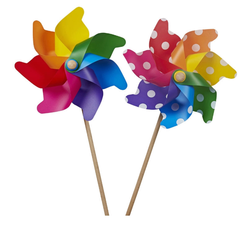 Two colorful pinwheels on sticks against a white background