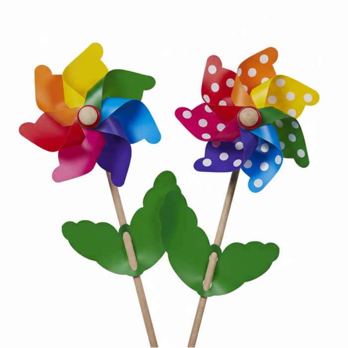 Two colorful pinwheels with green stems on a white background