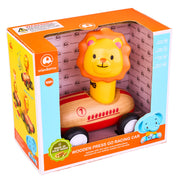 Wooden press go racing car toy in packaging with Waderkorns branding
