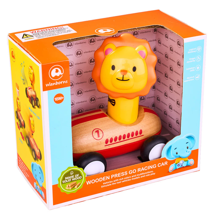 Wooden press go racing car toy in packaging with Waderkorns branding