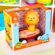 Toy car in packaging with lion design on a colorful background