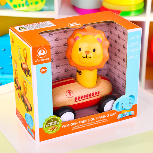 Toy car in packaging with lion design on a colorful background