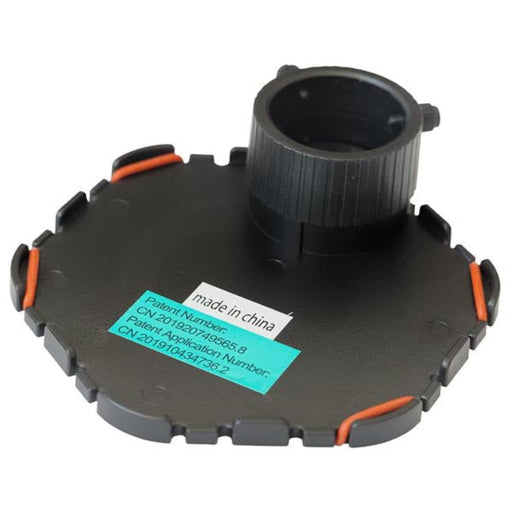 Black plastic component with orange accents and 'made in China' label on a white background