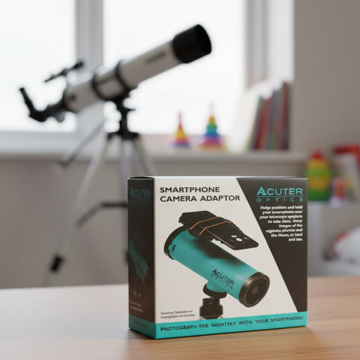 Acuter smartphone camera adaptor box with a telescope in the background