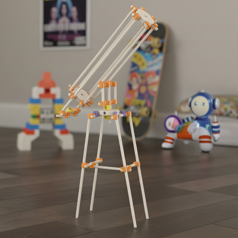 Toy construction set on a wooden floor with colorful toys in the background