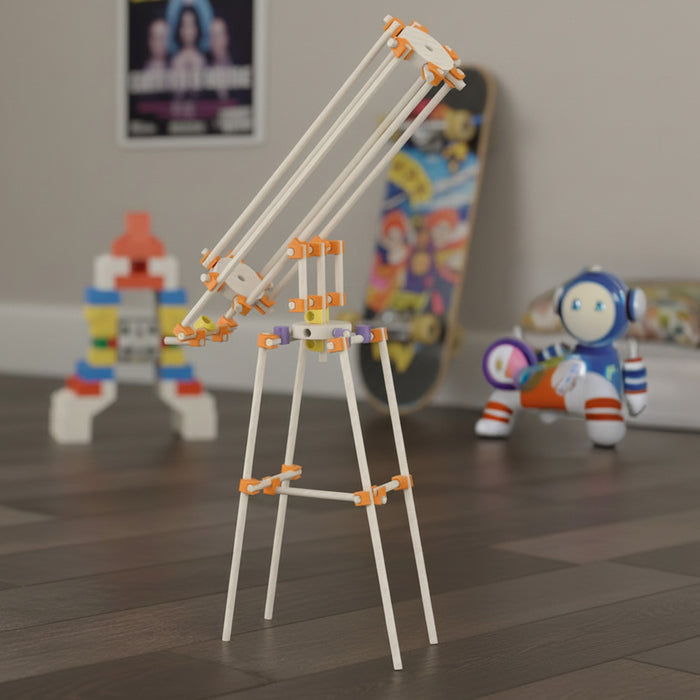 Toy construction set on a wooden floor with colorful toys in the background