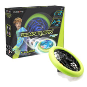 Green and black 'Bumper Spin' toy with packaging displaying brand logo and product features.