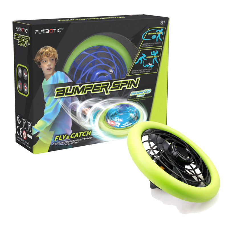 Green and black 'Bumper Spin' toy with packaging displaying brand logo and product features.