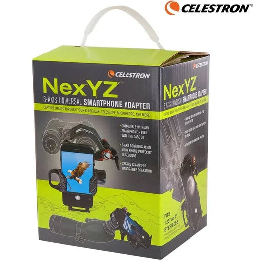 Celestron NexYZ 3-axis universal smartphone adapter packaging on a white background