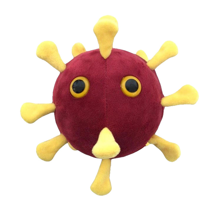 A plush toy in the shape of the COVID-19 virus with a predominantly red body and yellow spikes, featuring black eyes on the surface.