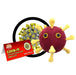 A plush toy in the shape of the COVID-19 virus with a predominantly red body and yellow spikes, featuring black eyes on the surface.