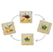 Four square wooden puzzle pieces arranged in a circular flow with gray arrows, showing colorful animal and nature illustrations on a white background.