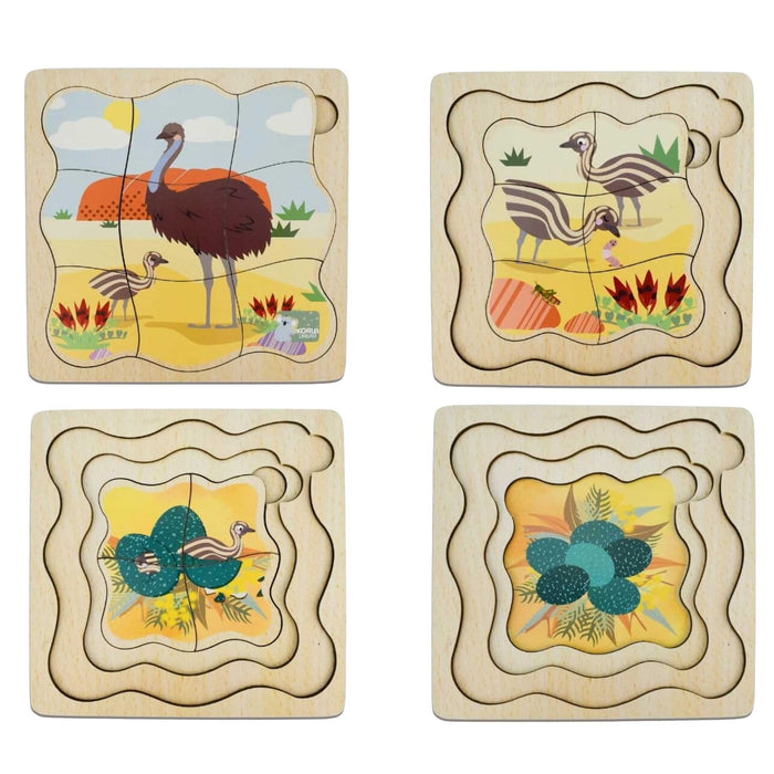 A children's wooden animal puzzle set with a partially assembled bird puzzle board on the right and several loose puzzle pieces on the left, photographed on a plain white background.