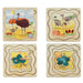 A children's wooden animal puzzle set with a partially assembled bird puzzle board on the right and several loose puzzle pieces on the left, photographed on a plain white background.