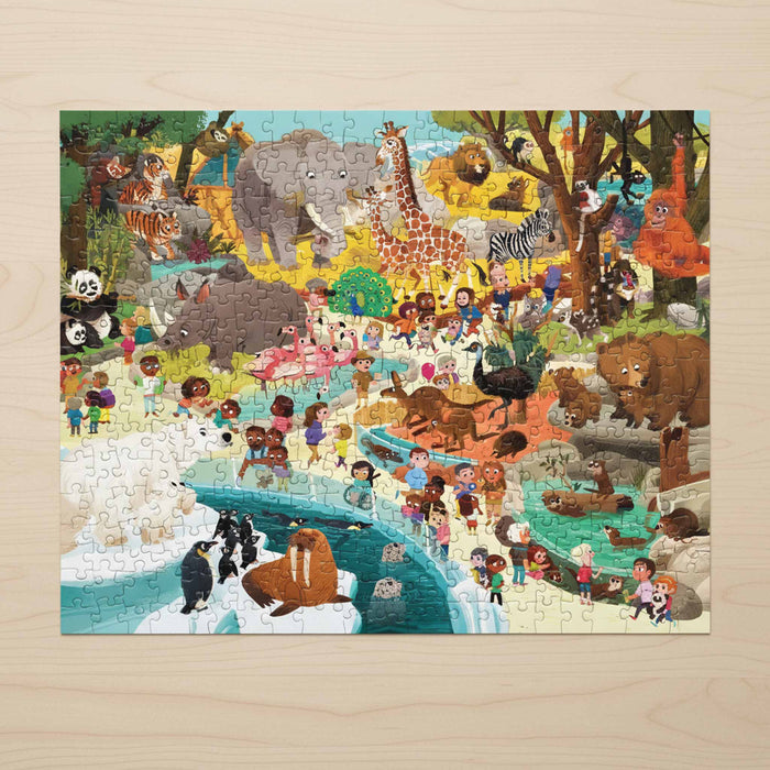 Crocodile Creek 'Day at the Zoo' 60-piece jigsaw puzzle box, featuring a colorful, busy cartoon illustration of various animals and children at the zoo.