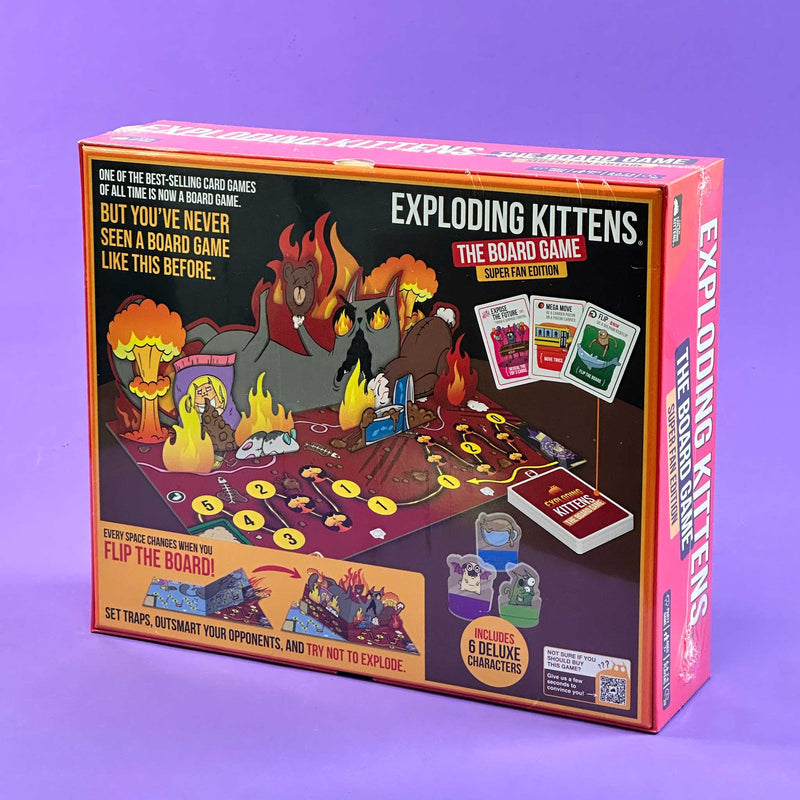 Board game box for 'Exploding Kittens' on a purple background