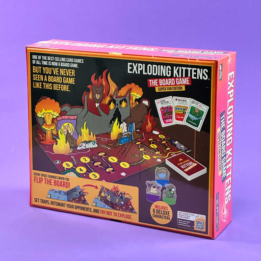 Board game box for 'Exploding Kittens' on a purple background