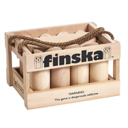 Wooden crate with cylindrical wooden objects and a rope, branded 'finska', on a white background.