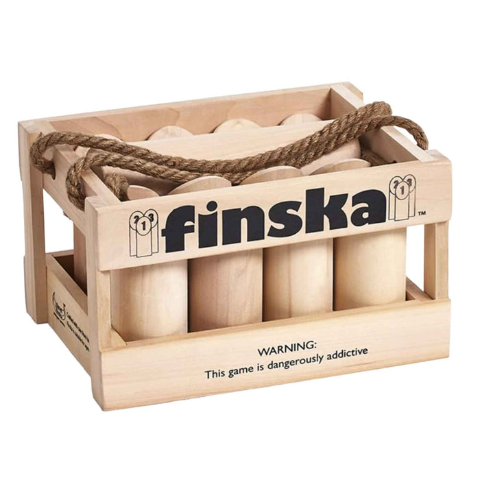 Wooden crate with cylindrical wooden objects and a rope, branded 'finska', on a white background.
