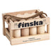 Wooden crate with cylindrical wooden objects and a rope, branded 'finska', on a white background.