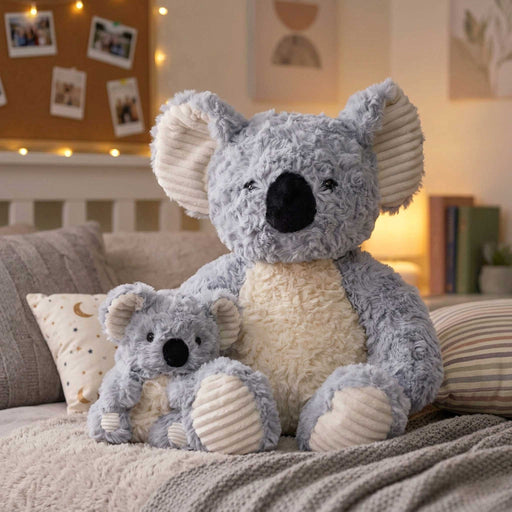 Grey koala plush toy, soft fluffy texture, cream belly and inner ears, large black nose, cute cuddly design, matching baby koala plush, cosy bedroom setting, warm soft lighting, Australian animal stuffed toy.