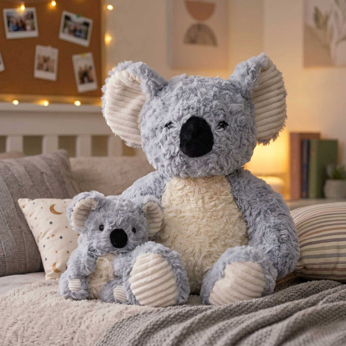 Grey koala plush toy, soft fluffy texture, cream belly and inner ears, large black nose, cute cuddly design, matching baby koala plush, cosy bedroom setting, warm soft lighting, Australian animal stuffed toy.