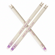 Pencil with a pink eraser and text 'Don't Worry, Be Hoppy' on a white background