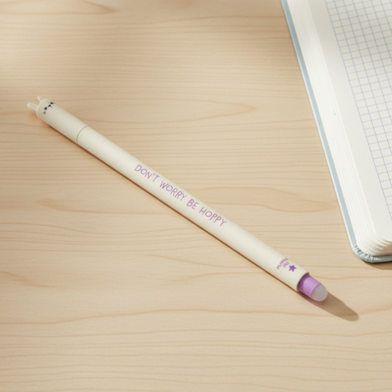 White pen with purple text on a wooden surface next to a notebook