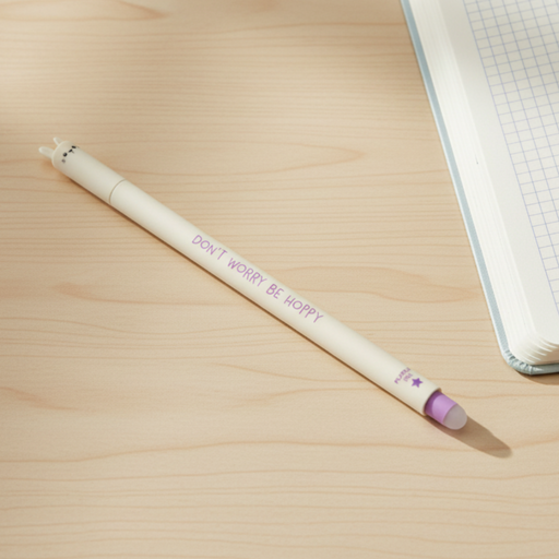 White pen with purple text on a wooden surface next to a notebook