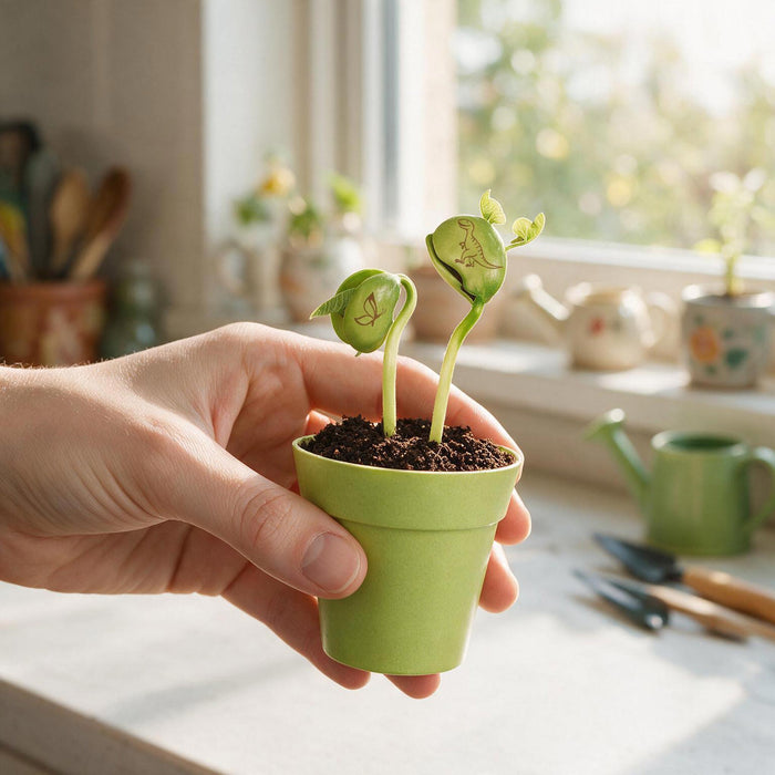 A hand holds a small light green plastic pot containing two sprouted Mrs green magic bean with drawn leaf patterns, set against a softly blurred kitchen windowsill background.