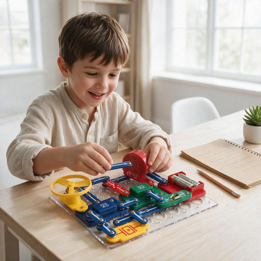 A young boy smiling and playing with a colorful magnetic clip circuit board toy on a light wood table in a bright room.