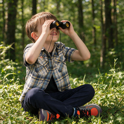 A young boy sitting on green grass in a sunlit forest, looking through black binoculars with yellow details.