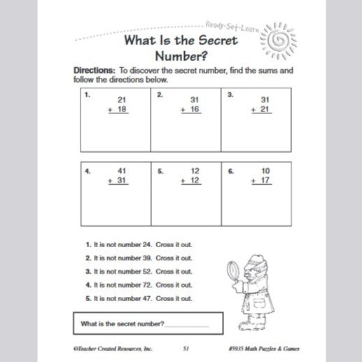 Math Puzzles and Games Ready Set Learn Book Grade 2