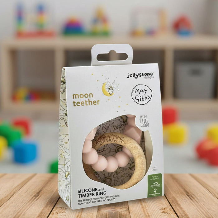 Jellystone moon teether packaging with wooden and silicone ring