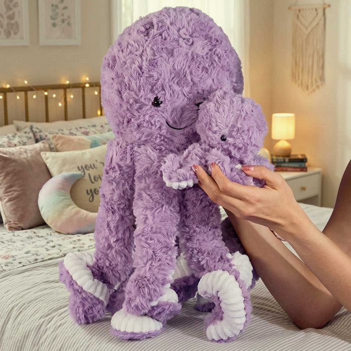 Purple plush octopus, soft fluffy texture, lavender color, cute smiling face, long tentacles, white rope-detail accents, cuddly stuffed toy, raised display, close-up product focus.