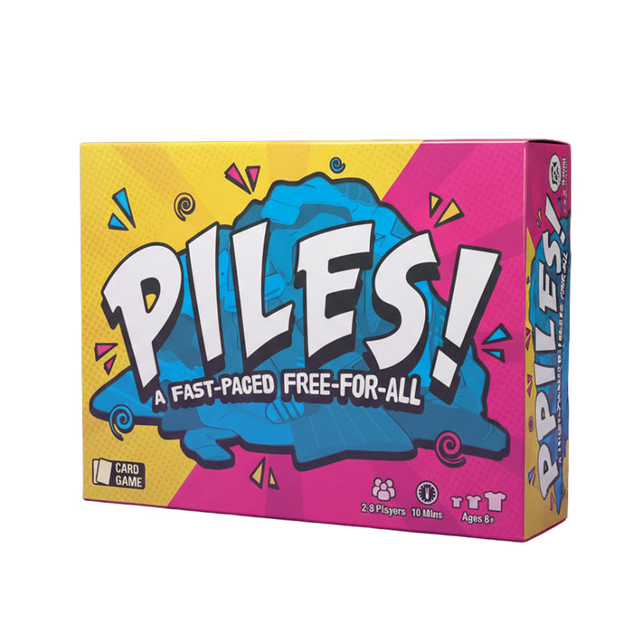 Board game box for 'Piles!' with colorful design on a white background