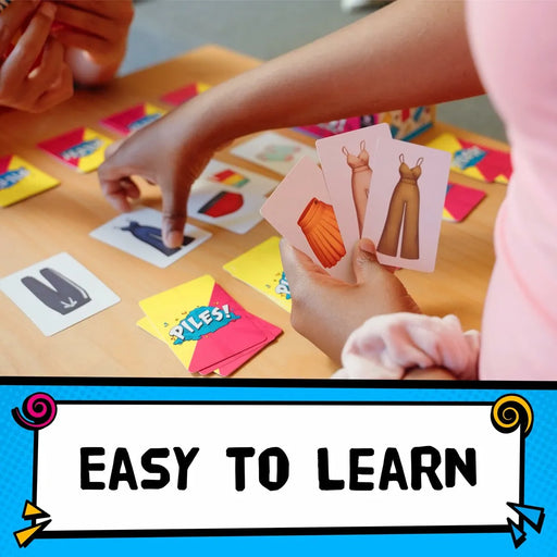 Children playing piles educational cards on a table, with text 'Easy to Learn' at the bottom.
