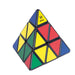Pyraminx puzzle with colored triangles on a white background