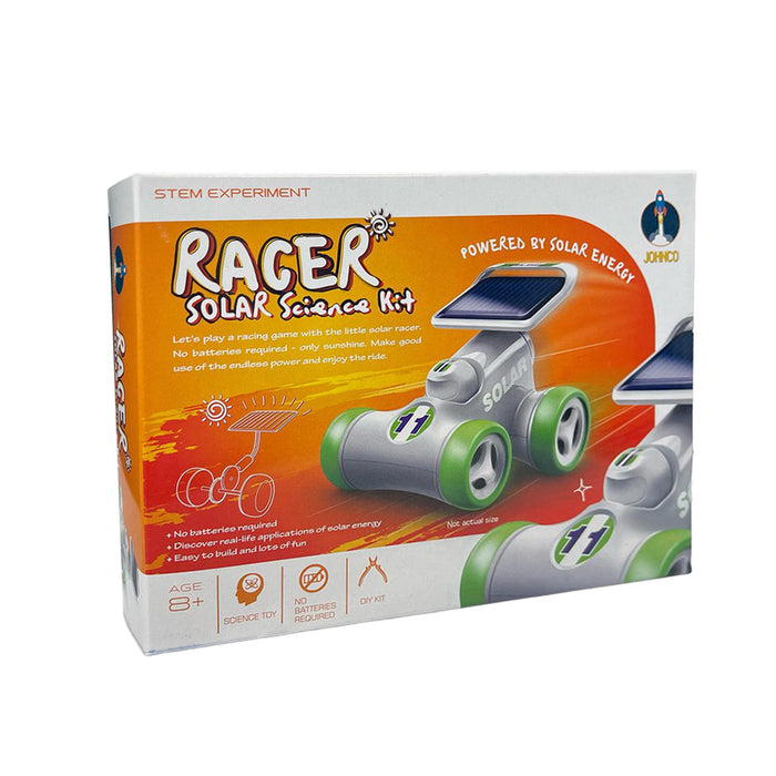 johnco Racer Solar Science Kit toy box, featuring a white and orange design with illustrations of solar-powered toy cars.
