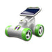 A solar-powered toy robot with a white body, bright green wheels, and a small dark blue solar panel on top, shown on a plain white background.