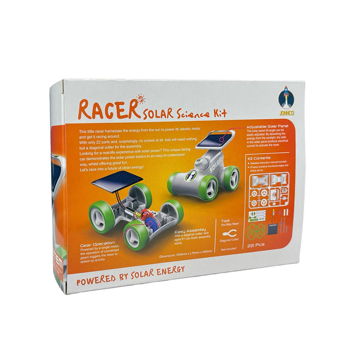 A boxed science kit labeled 'RACER Solar Science Kit' on a plain white background. The package is mostly white and orange with printed photos of a solar-powered toy car and small product detail graphics.