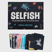 The board game 'Selfish: Space Edition' by Ridley's Games, featuring a black box decorated with colorful space illustrations and a fan of colorful player cards below it, set against a light gray background.