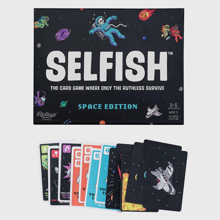 The board game 'Selfish: Space Edition' by Ridley's Games, featuring a black box decorated with colorful space illustrations and a fan of colorful player cards below it, set against a light gray background.