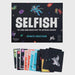 The board game 'Selfish: Space Edition' by Ridley's Games, featuring a black box decorated with colorful space illustrations and a fan of colorful player cards below it, set against a light gray background.